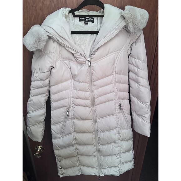KARL LAGERFELD CREAM DOWN HOODED COAT; SIZE XS - Picture 2 of 6